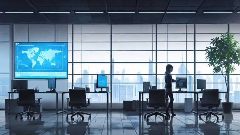 Oficinas modernas con pantallas digitales mostrando gráficos de crecimiento tecnológico en un entorno europeo