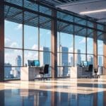 Oficina moderna con ventanas grandes y productos tecnológicos en exhibición