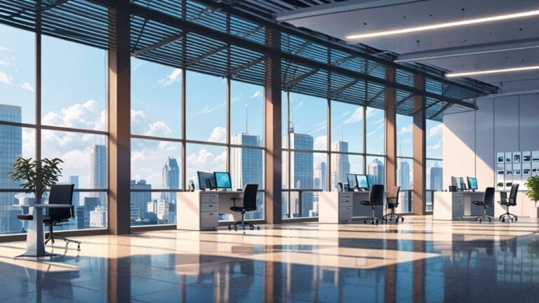 Oficina moderna con ventanas grandes y productos tecnológicos en exhibición