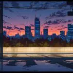 Paisaje urbano con rascacielos modernos representando el avance tecnológico en España al amanecer