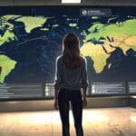 Oficina moderna con pantallas digitales mostrando gráficos de crecimiento y mapas de expansión global