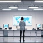 Centro de operaciones tecnológicas con pantallas modernas y ambiente minimalista