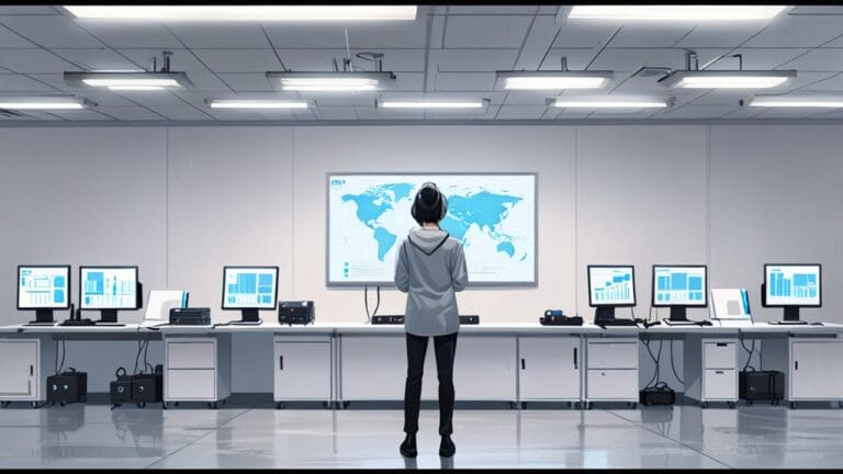 Centro de operaciones tecnológicas con pantallas modernas y ambiente minimalista