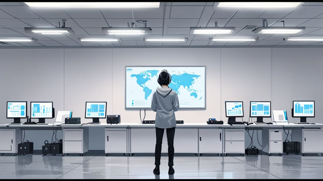 Centro de operaciones tecnológicas con pantallas modernas y ambiente minimalista