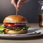 Primer plano de una hamburguesa gourmet en un plato elegante, ambientada en un entorno de cocina moderna y tecnológica.