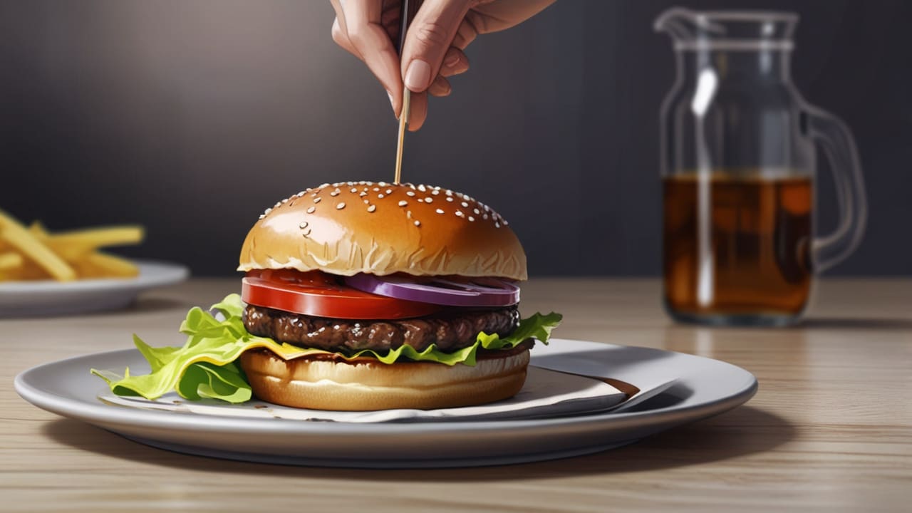 Primer plano de una hamburguesa gourmet en un plato elegante, ambientada en un entorno de cocina moderna y tecnológica.