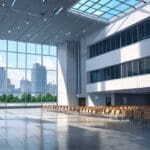 Vista frontal de un centro de convenciones moderno con señalización tecnológica junto a una ciudad contemporánea al fondo