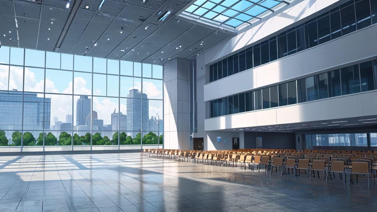 Vista frontal de un centro de convenciones moderno con señalización tecnológica junto a una ciudad contemporánea al fondo