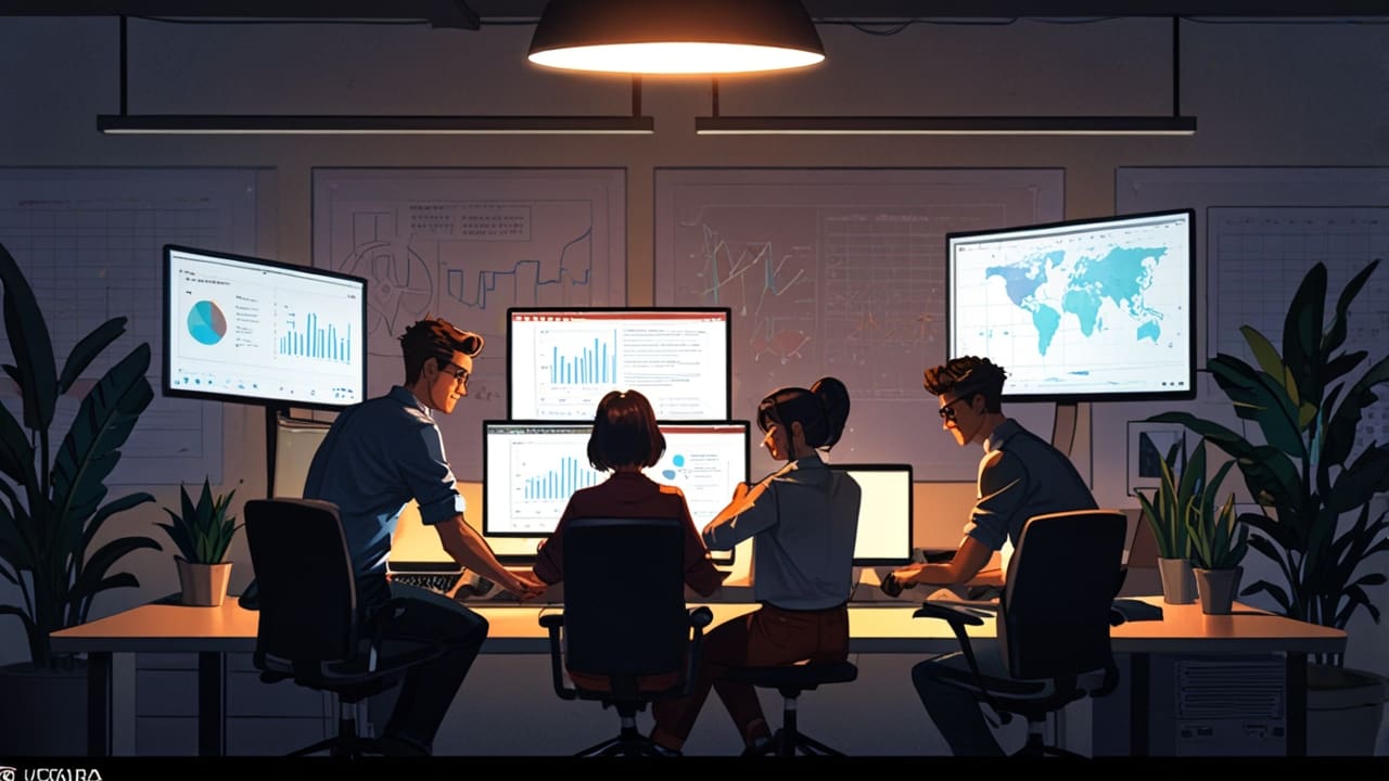 Oficina moderna con emprendedores trabajando en laptops sobre una mesa con documentos y gráficos tecnológicos