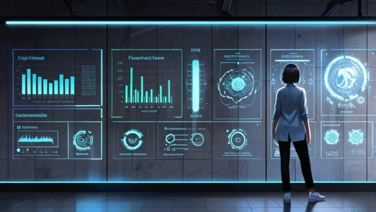 Oficina moderna con pantallas y gráficos de inteligencia artificial en tiempo real, estilo futurista y ordenado