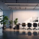 Oficinas modernas de una startup tecnológica con luz natural y pantallas en varias estaciones de trabajo.