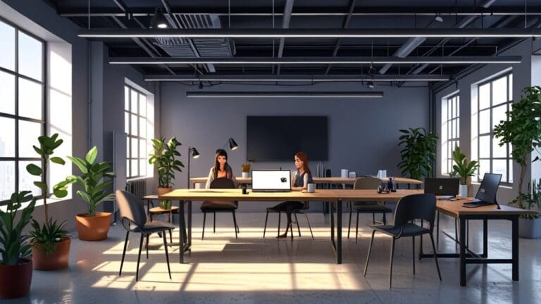 Interior de una sala de coworking moderna con emprendedores trabajando frente a laptops y pantallas digitales