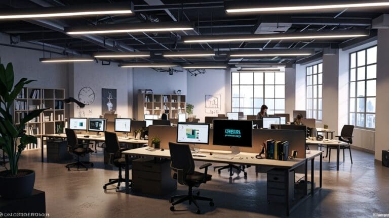 Interior de una oficina moderna con varias startups tecnológicas trabajando junto a ejecutivos en mesas compartidas