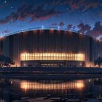 Exterior del Teatro del Lago en Frutillar bajo cielo despejado, con montaje para evento tecnológico, luces y estructuras modernas junto al lago
