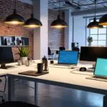 Oficinas modernas de una startup tecnológica con varios smartphones sobre una mesa junto a laptops, ambiente de trabajo tech y corporativo