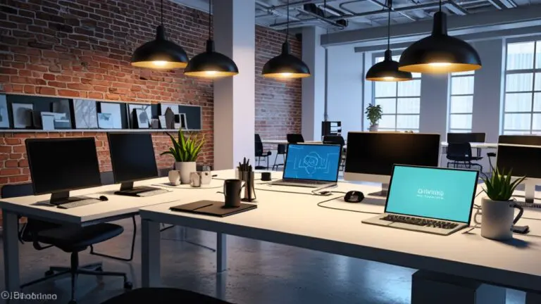 Oficinas modernas de una startup tecnológica con varios smartphones sobre una mesa junto a laptops, ambiente de trabajo tech y corporativo