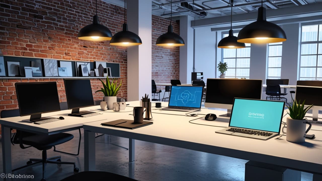 Oficinas modernas de una startup tecnológica con varios smartphones sobre una mesa junto a laptops, ambiente de trabajo tech y corporativo