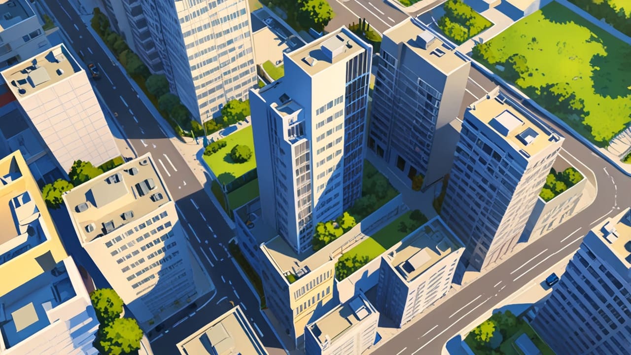 Vista aérea de un complejo urbano arquitectónico con estructuras modernas y áreas verdes integradas.