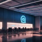 Oficinas modernas con logos tecnológicos proyectados en pantallas digitales dentro de una sala de juntas luminosa