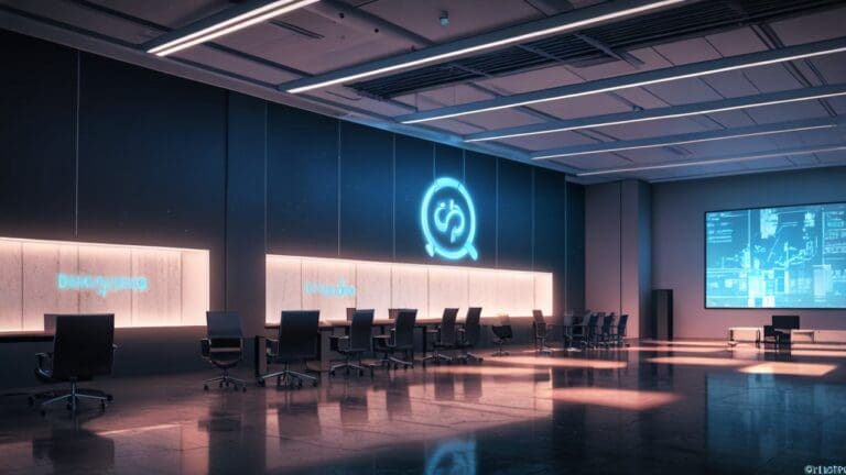 Oficinas modernas con logos tecnológicos proyectados en pantallas digitales dentro de una sala de juntas luminosa