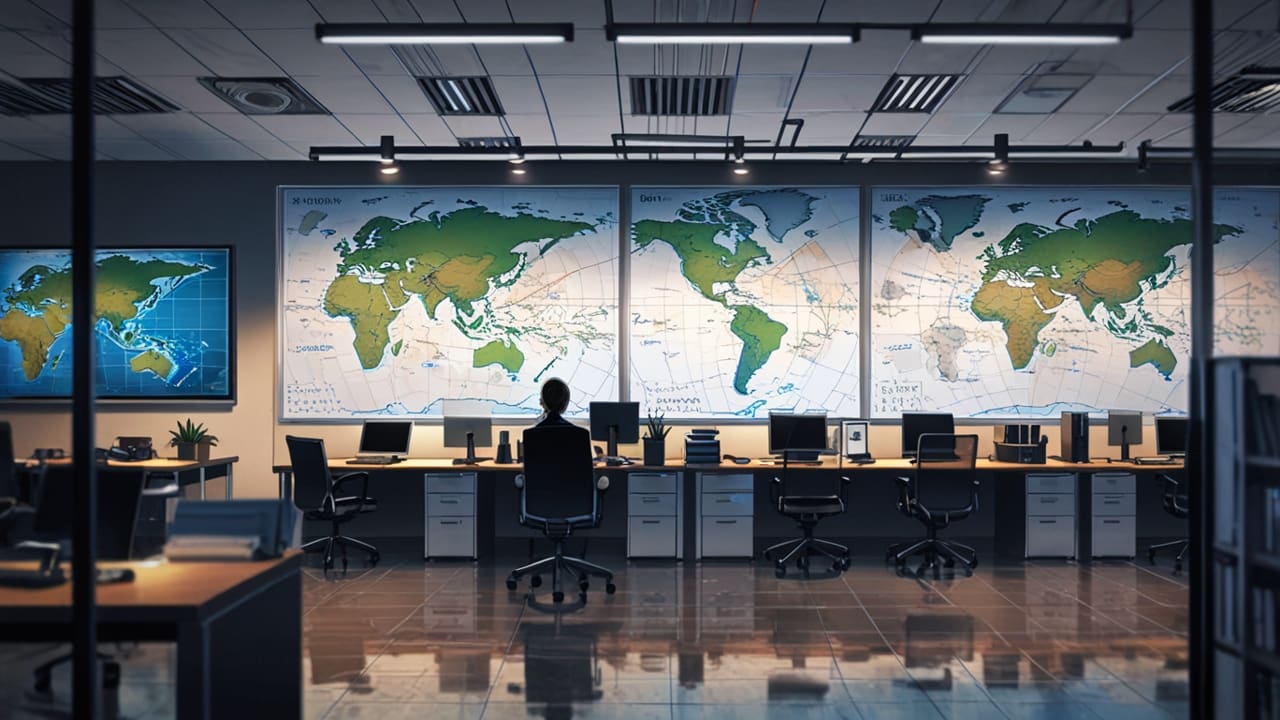 Oficinas modernas con equipos tecnológicos y pantallas mostrando mapas y gráficos digitales