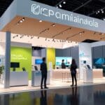 Delegación empresarial en feria tecnológica internacional con estands modernos y pantallas digitales en un centro de convenciones en Canadá
