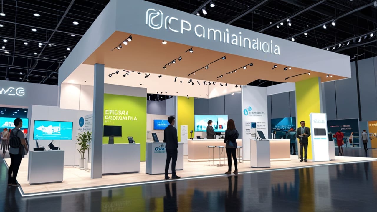 Delegación empresarial en feria tecnológica internacional con estands modernos y pantallas digitales en un centro de convenciones en Canadá