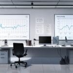 Oficina moderna con pantallas de datos y gráficos, ambiente tecnológico y luz natural