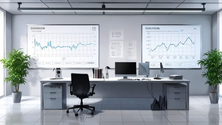 Oficina moderna con pantallas de datos y gráficos, ambiente tecnológico y luz natural