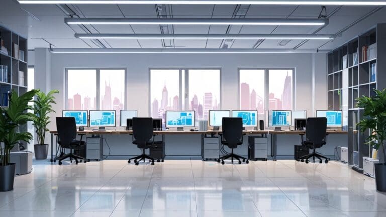 Oficinas modernas de una startup tecnológica con computadoras, pantallas y gráficos de crecimiento