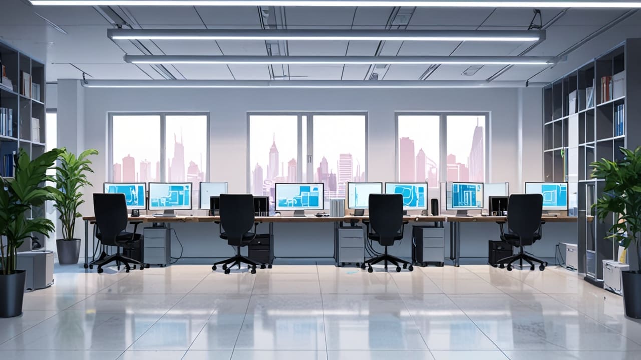 Oficinas modernas de una startup tecnológica con computadoras, pantallas y gráficos de crecimiento