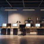 Oficinas modernas con luz natural, laptops sobre escritorios, gráficos en pantalla y ambiente tecnológico limpio y profesional