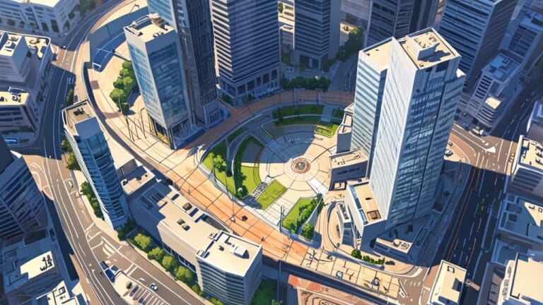 Vista aérea del centro tecnológico de una ciudad con edificios modernos y ambiente corporativo en un día soleado