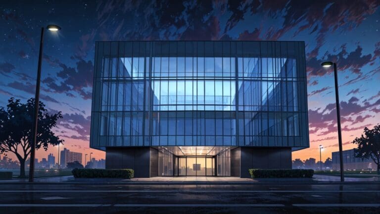 Imagen de un moderno edificio corporativo con una pantalla digital mostrando resultados de sorteos al anochecer