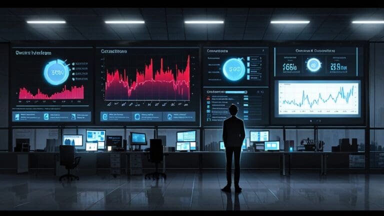 Oficinas modernas con pantallas digitales mostrando gráficos de inteligencia artificial y datos empresariales