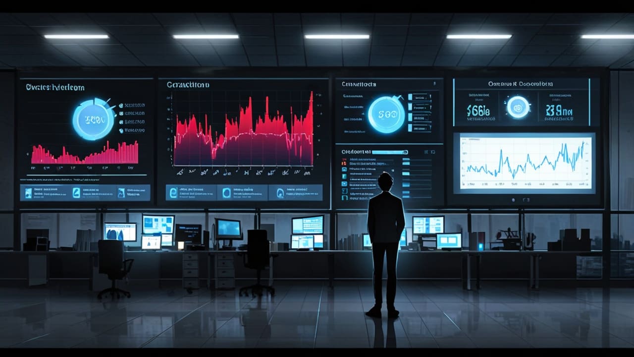 Oficinas modernas con pantallas digitales mostrando gráficos de inteligencia artificial y datos empresariales