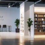 Interior moderno de una oficina de startups con estanterías de productos diversos en exhibición, iluminación natural y equipo tecnológico