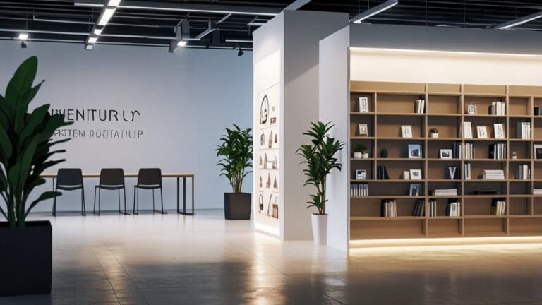 Interior moderno de una oficina de startups con estanterías de productos diversos en exhibición, iluminación natural y equipo tecnológico