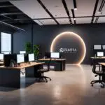 Oficinas modernas con mesas de trabajo, laptops y pizarras digitales, en ambiente profesional y tecnológico