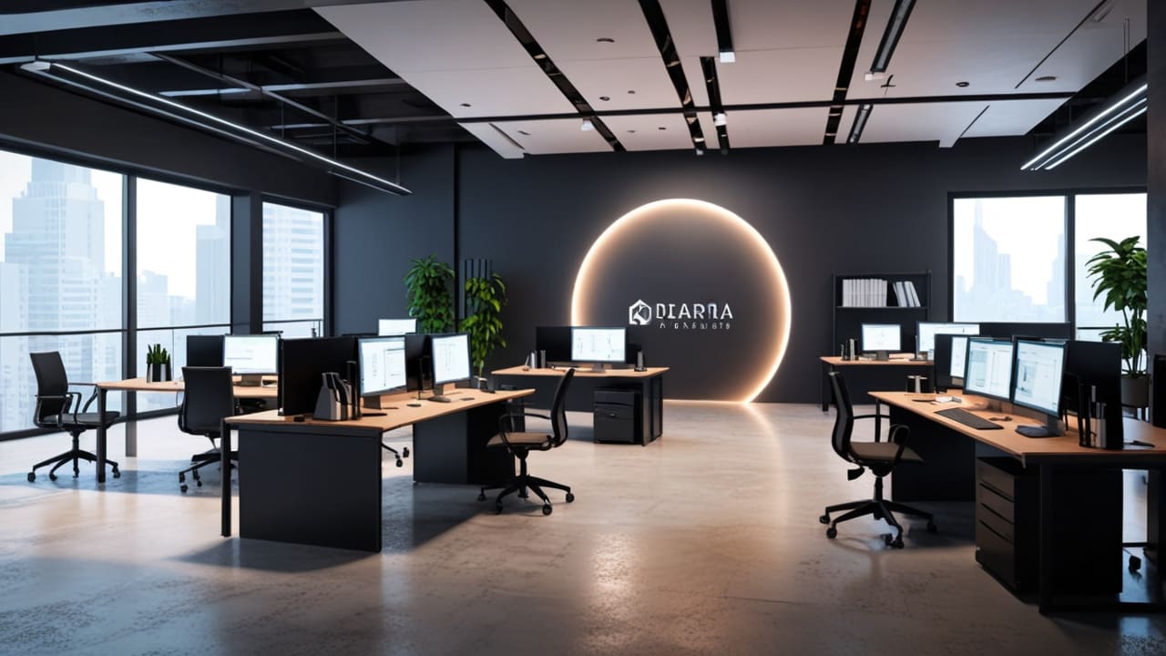 Oficinas modernas con mesas de trabajo, laptops y pizarras digitales, en ambiente profesional y tecnológico