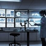 Oficina moderna con pantallas que muestran gráficos de datos médicos y algoritmos de inteligencia artificial