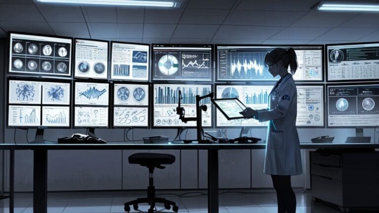 Oficina moderna con pantallas que muestran gráficos de datos médicos y algoritmos de inteligencia artificial