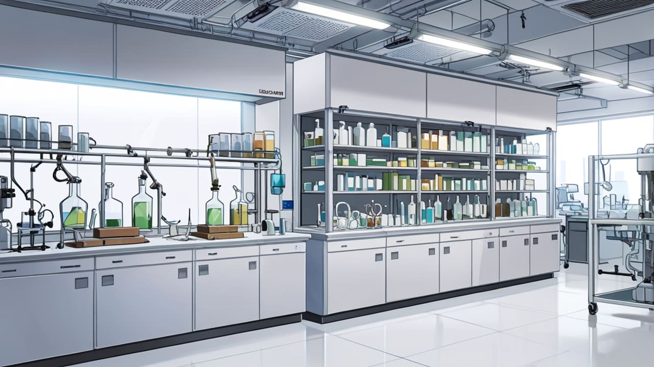 Primer plano de un laboratorio científico moderno con equipos de biotecnología y materiales médicos avanzados