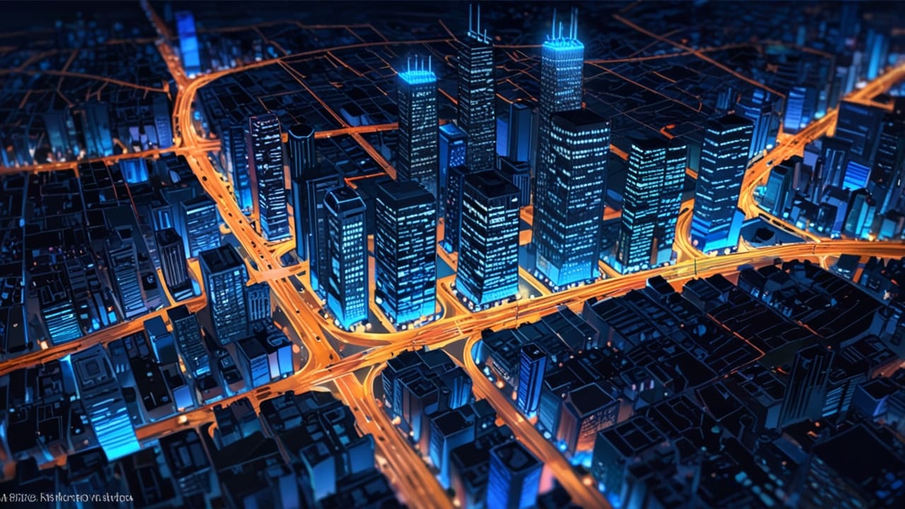 Mapa digital con datos de tráfico superpuestos sobre una ciudad iluminada en la noche, visto desde una perspectiva aérea