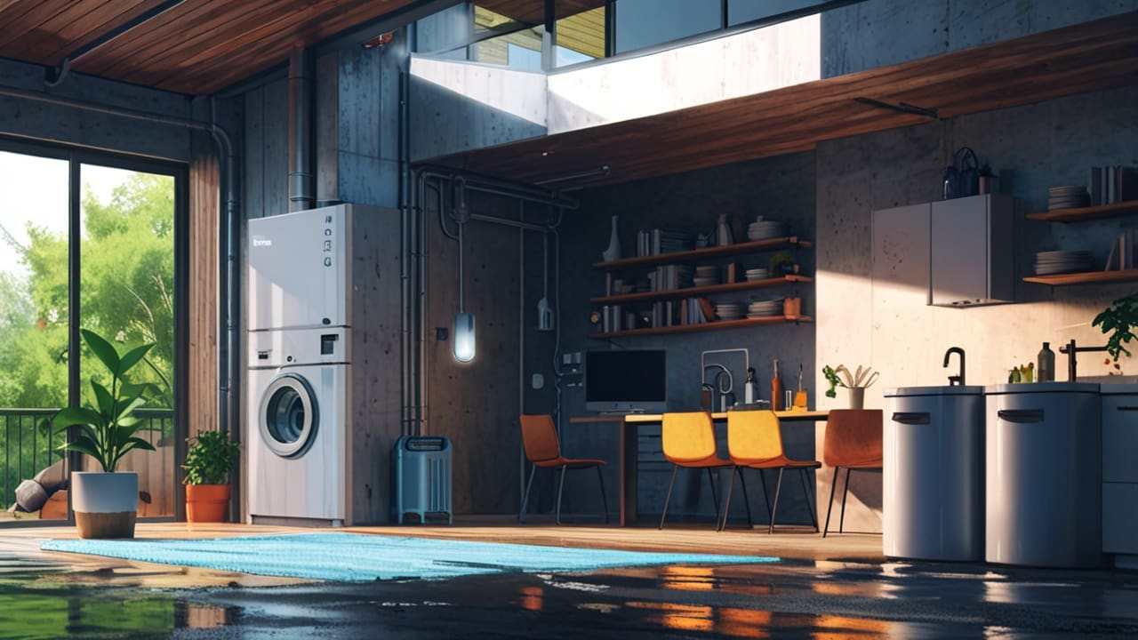 Render limpio de dispositivos inteligentes conectados en tuberías de agua dentro de una casa moderna con fondo neutro