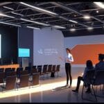 Salón moderno de presentaciones corporativas con proyección de startups en pantallas digitales durante un evento tecnológico en Valencia