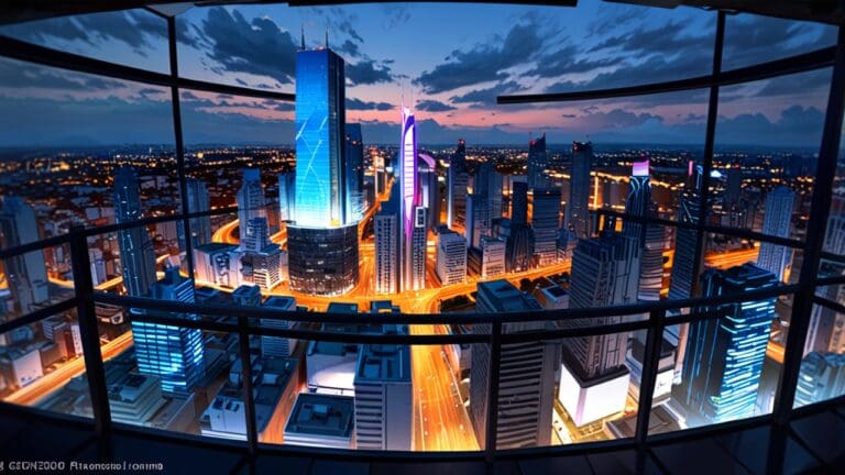 Vista panorámica de un centro tecnológico moderno con estructuras innovadoras