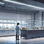 Vista cercana de un laboratorio moderno con biorreactores y tanques de fermentación brillantes