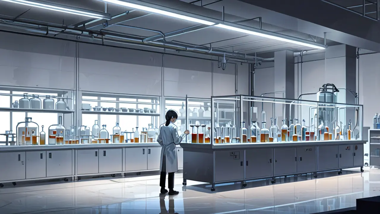 Vista cercana de un laboratorio moderno con biorreactores y tanques de fermentación brillantes