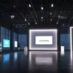 Interior moderno de un centro de convenciones con stands tecnológicos, pantallas LED y emprendedores presentando soluciones innovadoras